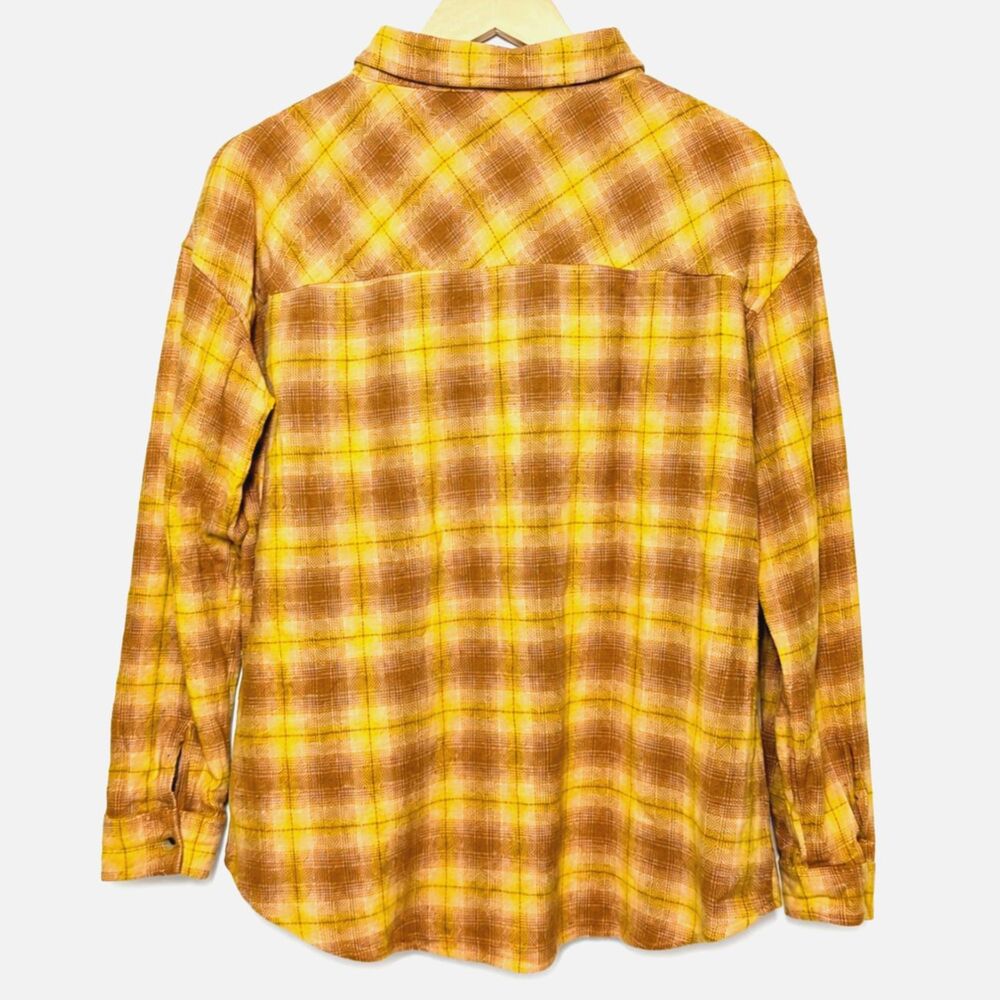 BKE Boyfriend Yellow Pink Plaid Flannel Shirt M 100% Cotton Oversized Grunge Y2K - Picture 2 of 5